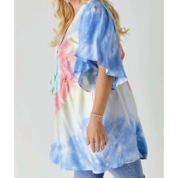 NEW DAVI & DANI tie dye v neck button down cover up top plus in blue - Picture 2 of 3